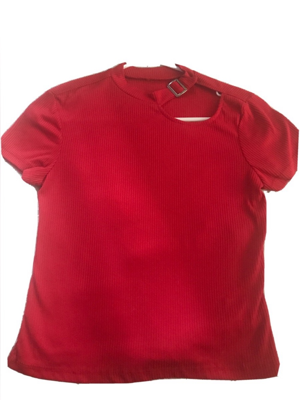 No Boundaries Red Ribbed Tee with Buckle Neck Detail